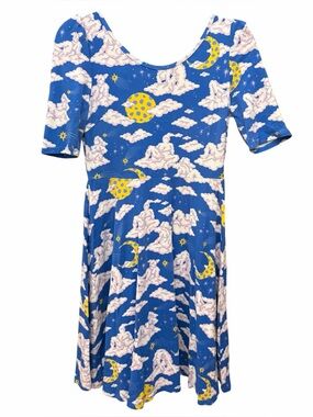 Nooworks Celestial Moon Cloud Print Skater Dress Blue Cosmic Dress
